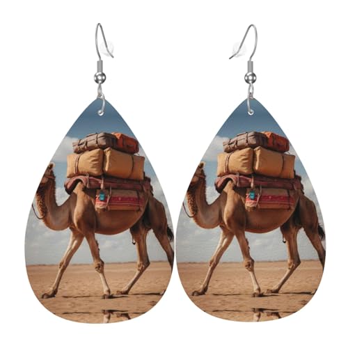 WZYWHJ Kamel trägt Gepäck Bild Damen Leder Ohrringe Einfache Wassertropfen Anhänger Mode Urlaub Geschenk von WZYWHJ