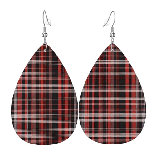 WZYWHJ Karierte rote und schwarze Bild-Damen-Leder-Ohrringe, einfacher Wassertropfen-Anhänger, modisches Urlaubsgeschenk von WZYWHJ