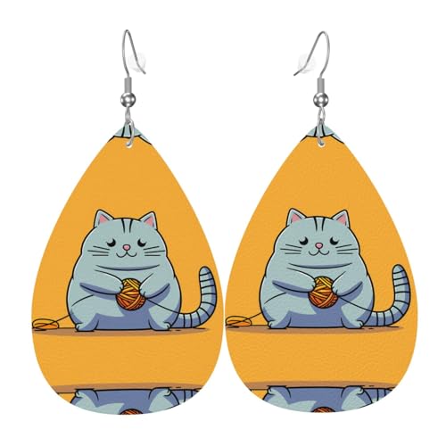 WZYWHJ Katze spielt mit Ball der Schnur Bild Damen Leder Ohrringe Einfache Wassertropfen Anhänger Mode Urlaub Geschenk von WZYWHJ
