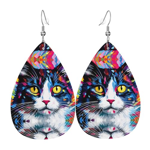 WZYWHJ Katzen mit Artwork Bild Damen Leder Ohrringe Einfache Wassertropfen Anhänger Mode Urlaub Geschenk von WZYWHJ