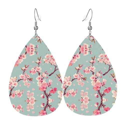 WZYWHJ Kirschblüten Baum Zweig Bild Damen Leder Ohrringe Einfache Wassertropfen Anhänger Mode Urlaub Geschenk von WZYWHJ