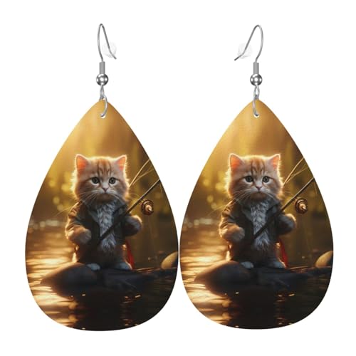 WZYWHJ Kitten is fishing Picture Damen-Leder-Ohrringe, einfacher Wassertropfen-Anhänger, modisches Urlaubsgeschenk von WZYWHJ