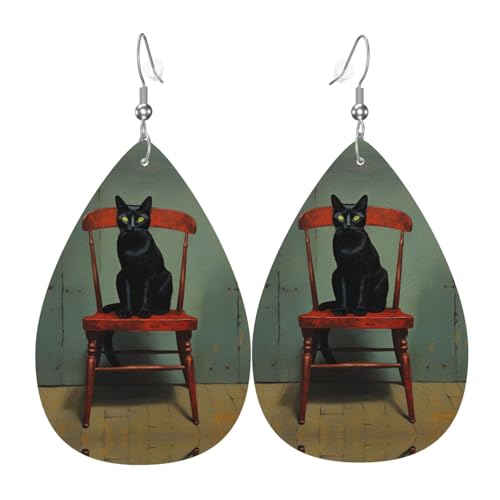 WZYWHJ Kleine schwarze Katze auf dem Hocker Bild Damen Leder Ohrringe Einfacher Wassertropfen Anhänger Mode Urlaub Geschenk von WZYWHJ