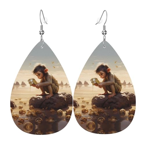 WZYWHJ Kleiner Affe, der Muscheln aufhebt, Bild, Damen-Leder-Ohrringe, einfacher Wassertropfen-Anhänger, modisches Urlaubsgeschenk von WZYWHJ