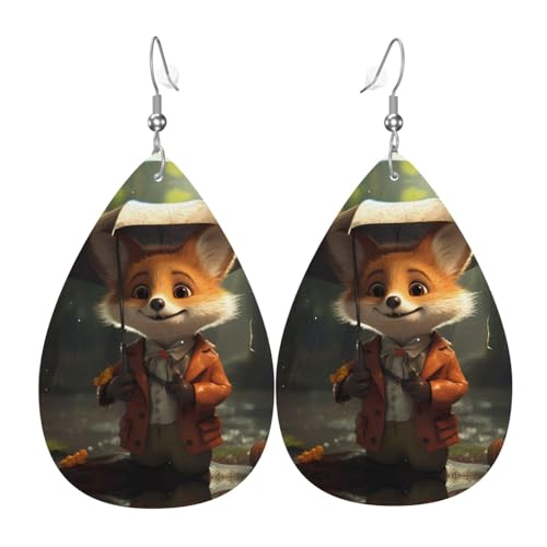 WZYWHJ Kleiner Fuchs hält einen Regenschirm Bild Damen Leder Ohrringe einfacher Wassertropfen Anhänger modisches Urlaubsgeschenk von WZYWHJ