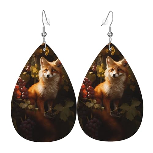 WZYWHJ Kleiner Fuchs pflückt Trauben Bild Damen Leder Ohrringe Einfache Wassertropfen Anhänger Mode Urlaub Geschenk von WZYWHJ