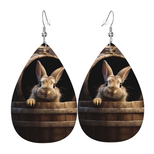 WZYWHJ Kleines graues Kaninchen in einem Holzfass. Bild, Damen-Leder-Ohrringe, einfacher Wassertropfen-Anhänger, modisches Urlaubsgeschenk von WZYWHJ