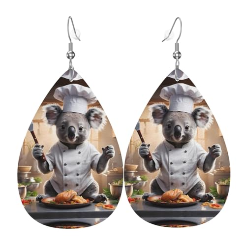 WZYWHJ Koala-Koch kocht leckeres Essen Bild Damen Leder Ohrringe Einfache Wassertropfen Anhänger Mode Urlaub Geschenk von WZYWHJ