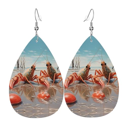 WZYWHJ Krebse am Strand Bild Damen Leder Ohrringe Einfache Wassertropfen Anhänger Mode Urlaub Geschenk von WZYWHJ