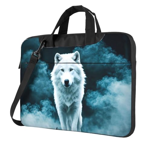 WZYWHJ Laptoptasche, 35,6 cm (14 Zoll), Wolf mit Rauchmotiv, mit weichem Innenfutter, mehreren Taschen, ideal für Herren, Reisen und Business von WZYWHJ