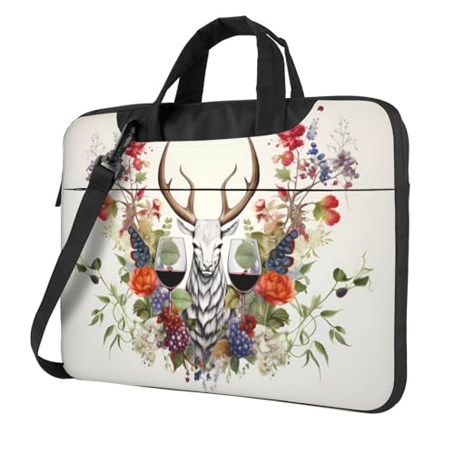 WZYWHJ Laptoptasche mit Hirschkopf und Rotwein bedruckt, mit weichem Innenfutter, mehreren Taschen, ideal für Herren, Reisen und Business von WZYWHJ