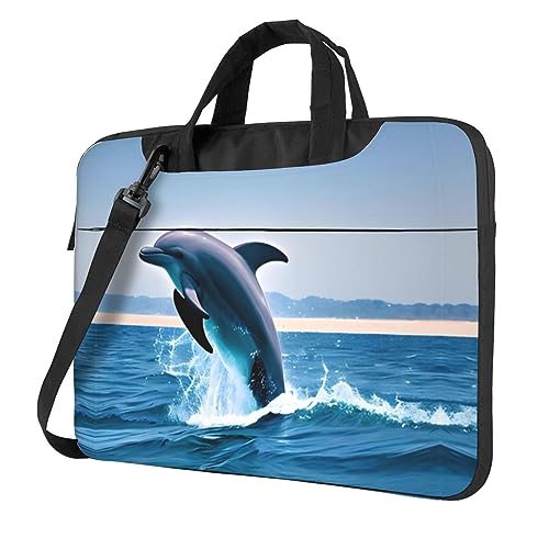WZYWHJ Laptoptasche mit Motiv "Jumping Up Delfine" – mit weichem Innenfutter, mehreren Taschen – ideal für Männer, Reisen und Business, Schwarz, 13 inch von WZYWHJ