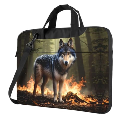 WZYWHJ Laptoptasche mit Wolf-In-Flames-Motiv, bedruckt, weiches Innenfutter, mehrere Taschen, ideal für Herren, Reisen und Business von WZYWHJ