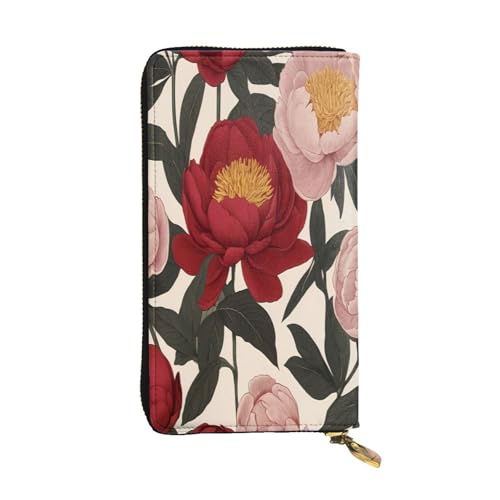 WZYWHJ Modische Damen-Clutch-Geldbörse aus Leder, lang, mit mehreren Fächern und Reißverschluss-Design, blühendes Pfingstrosenmuster von WZYWHJ