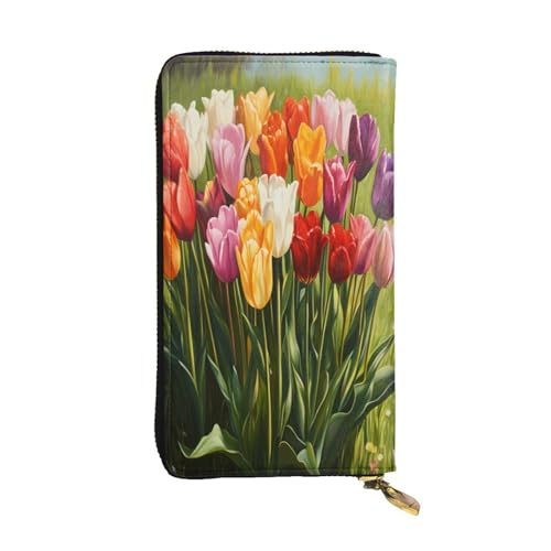 WZYWHJ Modische Damen-Clutch-Geldbörse aus Leder mit mehreren Fächern und Reißverschluss, buntes Tulpenmuster von WZYWHJ