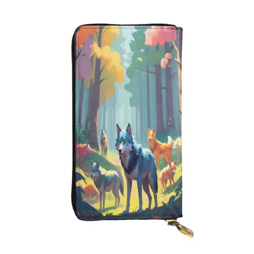 WZYWHJ Modische Damen-Geldbörse aus Leder, lang, mit mehreren Fächern und Reißverschluss, Pixel-Wölfe-Muster von WZYWHJ