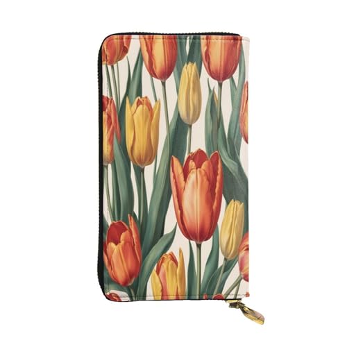 WZYWHJ Modische Damen-Geldbörse aus Leder, lang, mit mehreren Fächern und Reißverschluss, Tulpenmuster, Gruppenmuster von WZYWHJ