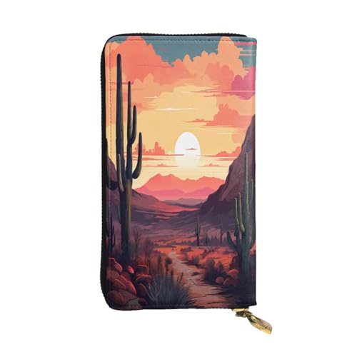 WZYWHJ Modische Damen-Geldbörse aus Leder, lang, mit mehreren Fächern und Reißverschluss, Wüstenkaktus-Muster von WZYWHJ