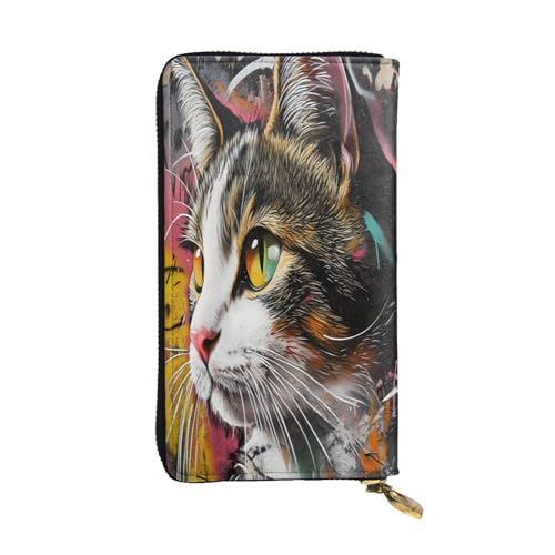 WZYWHJ Modische Damen-Geldbörse aus Leder, lang, mit mehreren Fächern und Reißverschluss, echtes Graffiti-Katzenmuster von WZYWHJ