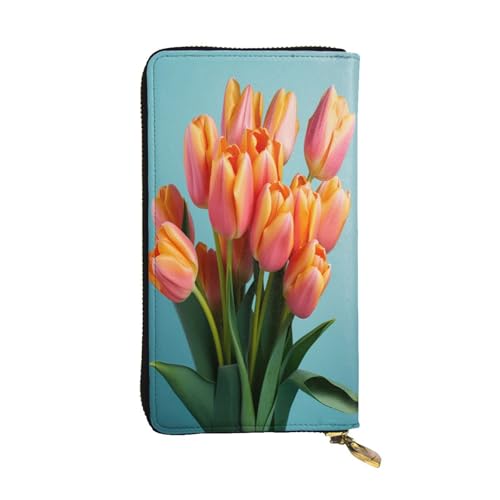 WZYWHJ Modische Damen-Geldbörse aus Leder, lang, mit mehreren Fächern und Reißverschluss, helles Tulpenmuster von WZYWHJ