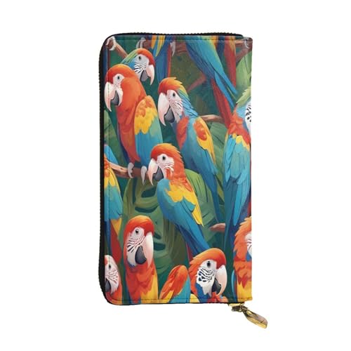 WZYWHJ Modische Damen-Geldbörse aus Leder, lang, mit mehreren Fächern und Reißverschluss, tropisches Papageienflockenmuster von WZYWHJ