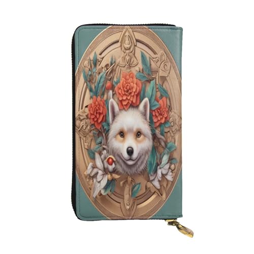 WZYWHJ Modische Damen-Geldbörse aus Leder, lang, mit mehreren Fächern und Reißverschluss-Design, Welpen-Stickerei von WZYWHJ