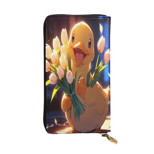 WZYWHJ Modische Damen Leder Lange Clutch Geldbörse mit mehreren Fächern und Reißverschluss Design Entchen hält Blumen Muster von WZYWHJ