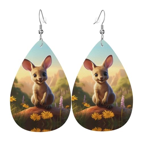 WZYWHJ Niedliche kleine Känguru-Bild, Damen-Leder-Ohrringe, einfacher Wassertropfen-Anhänger, modisches Urlaubsgeschenk von WZYWHJ