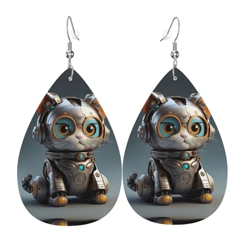 WZYWHJ Niedliche mechanische Katze Bild Damen Leder Ohrringe Einfache Wassertropfen Anhänger Mode Urlaub Geschenk von WZYWHJ