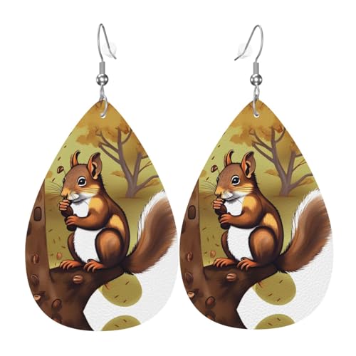 WZYWHJ Nussfressendes Eichhörnchen Bild Damen Leder Ohrringe Einfache Wassertropfen Anhänger Mode Urlaub Geschenk von WZYWHJ