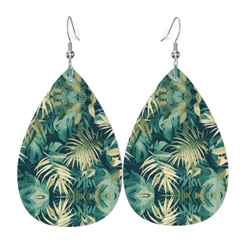 WZYWHJ Palme grüne Blätter Bild Damen Leder Ohrringe Einfache Wassertropfen Anhänger Mode Urlaub Geschenk von WZYWHJ