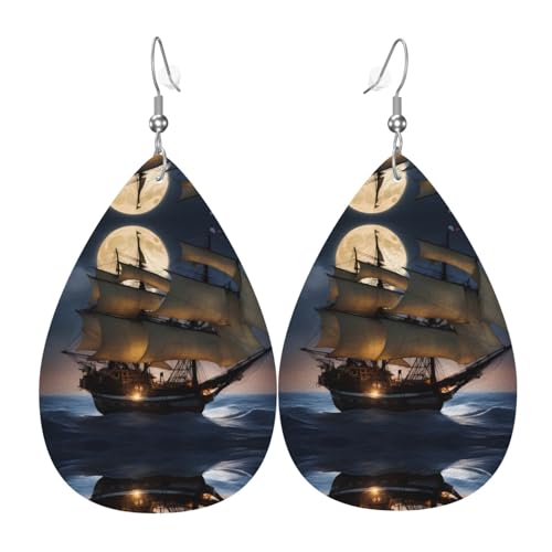 WZYWHJ Piraten Segelboot Vollmond Bild Damen Leder Ohrringe Einfache Wassertropfen Anhänger Mode Urlaub Geschenk von WZYWHJ