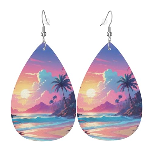 WZYWHJ Retro Wave Palm Prints Damen Leder Ohrringe Einfache Wassertropfen Anhänger Mode Urlaub Geschenk von WZYWHJ