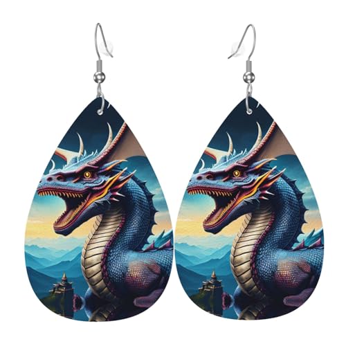 WZYWHJ Roaring Dragon Prints Damen Leder Ohrringe Einfache Wassertropfen Anhänger Mode Urlaub Geschenk von WZYWHJ