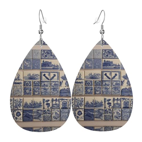 WZYWHJ Sbon Tiles Prints Damen Leder Ohrringe Einfache Wassertropfen Anhänger Mode Urlaub Geschenk von WZYWHJ