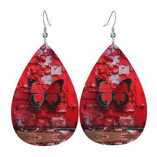 WZYWHJ Schmetterling auf rotem Wandbild, Damen-Leder-Ohrringe, einfacher Wassertropfen-Anhänger, modisches Urlaubsgeschenk von WZYWHJ