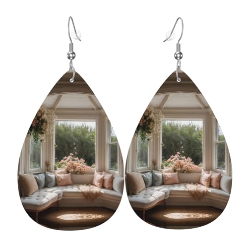 WZYWHJ Schöne Blume Erkerfenster Bild Damen Leder Ohrringe Einfache Wassertropfen Anhänger Mode Urlaub Geschenk von WZYWHJ