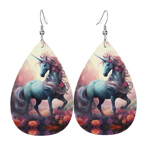 WZYWHJ Schöne Einhorn-Bild-Damen-Lederohrringe, einfacher Wassertropfen-Anhänger, modisches Urlaubsgeschenk von WZYWHJ