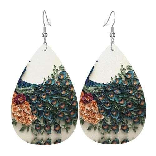 WZYWHJ Schönes Champagner-Pfau-Bild, Damen-Leder-Ohrringe, einfacher Wassertropfen-Anhänger, modisches Urlaubsgeschenk von WZYWHJ
