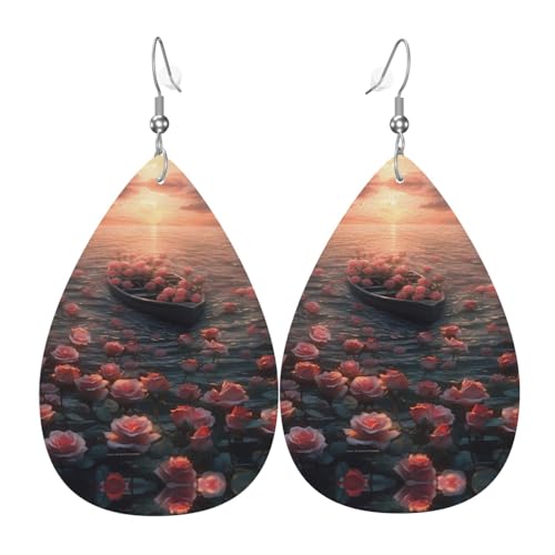 WZYWHJ Schönes Rosenmeer Bild Damen Leder Ohrringe Einfache Wassertropfen Anhänger Mode Urlaub Geschenk von WZYWHJ