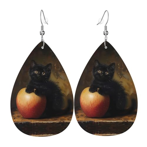 WZYWHJ Schwarze Katze auf Frucht Bild Damen Leder Ohrringe Einfache Wassertropfen Anhänger Mode Urlaub Geschenk von WZYWHJ