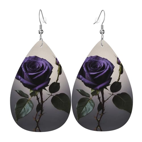 WZYWHJ Schwarze lila Rose Bild Damen Leder Ohrringe Einfache Wassertropfen Anhänger Mode Urlaub Geschenk von WZYWHJ