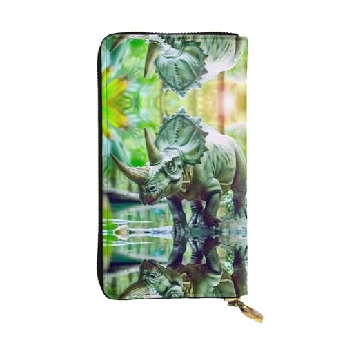 WZYWHJ Stilvolle Geldbörse aus Leder mit Bicorn-Dinosaurier-Druck, lange Clutch für Damen, strapazierfähiges Material, 12 Kartenfächer, Reißverschlussfächer von WZYWHJ