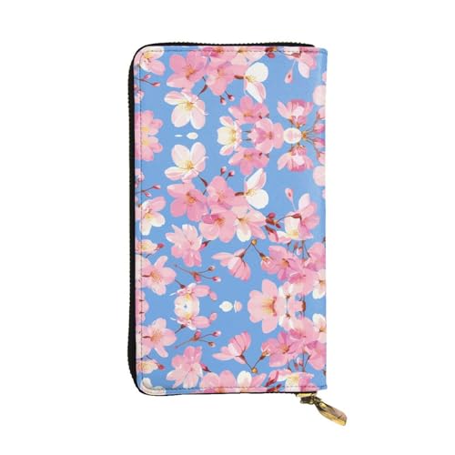WZYWHJ Stilvolle Geldbörse aus Leder mit Kirschblütenmuster, lange Clutch für Damen, strapazierfähiges Material, 12 Kartenfächer, Reißverschlussfächer von WZYWHJ