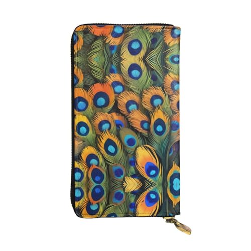 WZYWHJ Stilvolle Geldbörse aus Leder mit Pfauenschwanzfedern, lange Clutch für Damen, strapazierfähiges Material, 12 Kartenfächer, Reißverschlussfächer von WZYWHJ