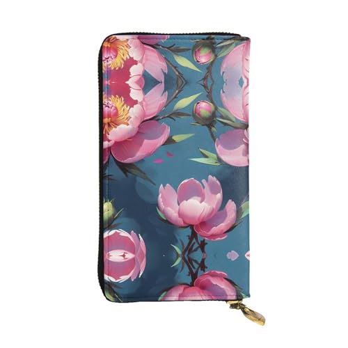 WZYWHJ Stilvolle Geldbörse aus Leder mit Pfingstrosen – lange Clutch für Damen, strapazierfähiges Material, 12 Kartenfächer, Reißverschlussfächer von WZYWHJ
