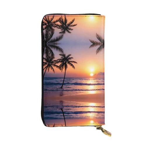 WZYWHJ Stilvolle Geldbörse aus Leder mit Sonnenuntergangsmuster, lange Clutch für Damen, strapazierfähiges Material, 12 Kartenfächer, Reißverschlussfächer von WZYWHJ