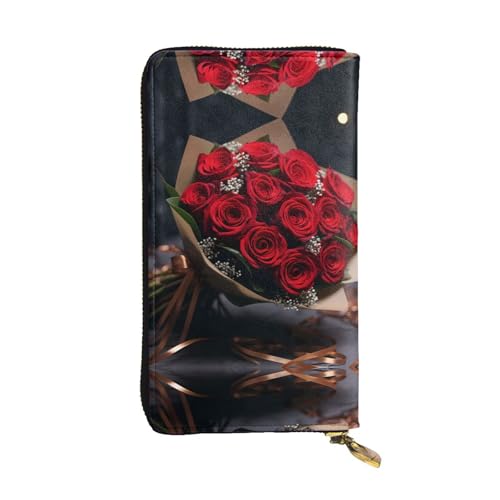 WZYWHJ Stilvolle Geldbörse aus Leder mit Strauß roter Rosen – lange Clutch für Damen, strapazierfähiges Material, 12 Kartenfächer, Reißverschlussfächer von WZYWHJ