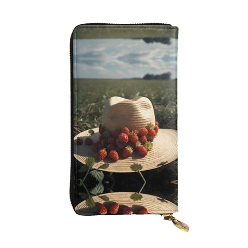 WZYWHJ Stilvolle Geldbörse aus Leder mit Walderdbeeren in Strohhut, lange Clutch für Damen, strapazierfähiges Material, 12 Kartenfächer, Reißverschlussfächer von WZYWHJ