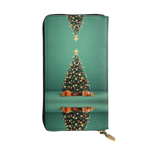 WZYWHJ Stilvolle Geldbörse aus Leder mit Weihnachtsbaumbild, lange Clutch für Damen, strapazierfähiges Material, 12 Kartenfächer, Reißverschlussfächer von WZYWHJ